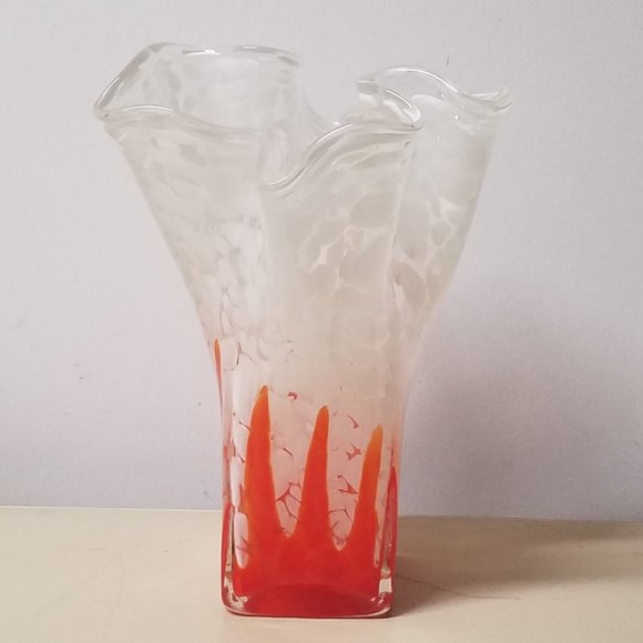 Unknown Other - Hand Blown Orange & White Ruffled Art Vase
